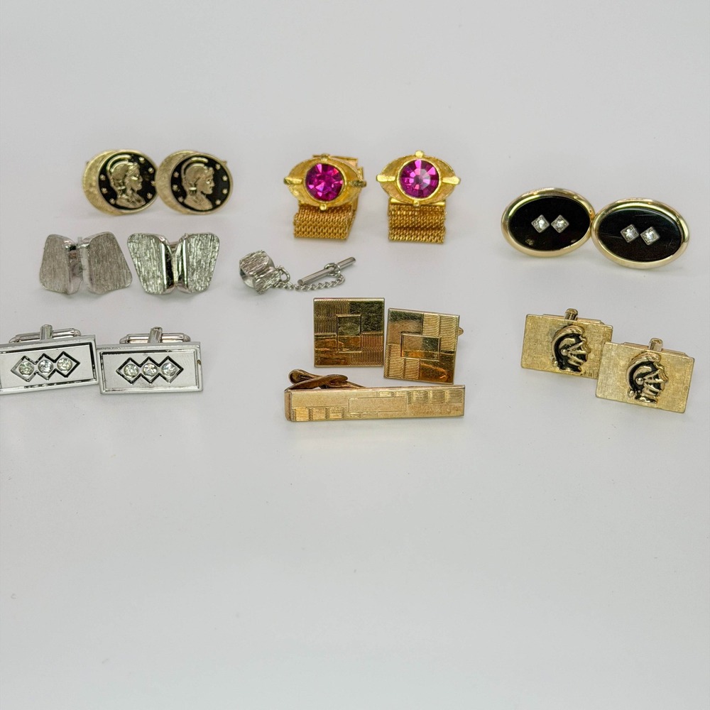 Vintage Mens Cufflink Tie Clip Lot Mid Century Modern Gold Silver Tone 8 Pairs